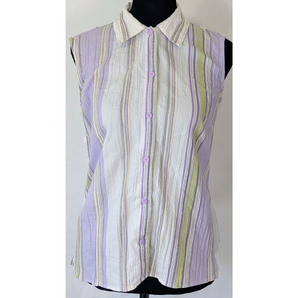 Lemon Grass Studio Purple Striped Sleeveless Button Up Top Small